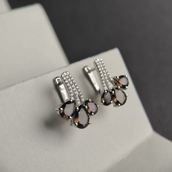 Срібні сережки з натуральним раухтопазом (димчастим кварцом) 6.183ct, фіанітами (2180463) 2180463 фото
