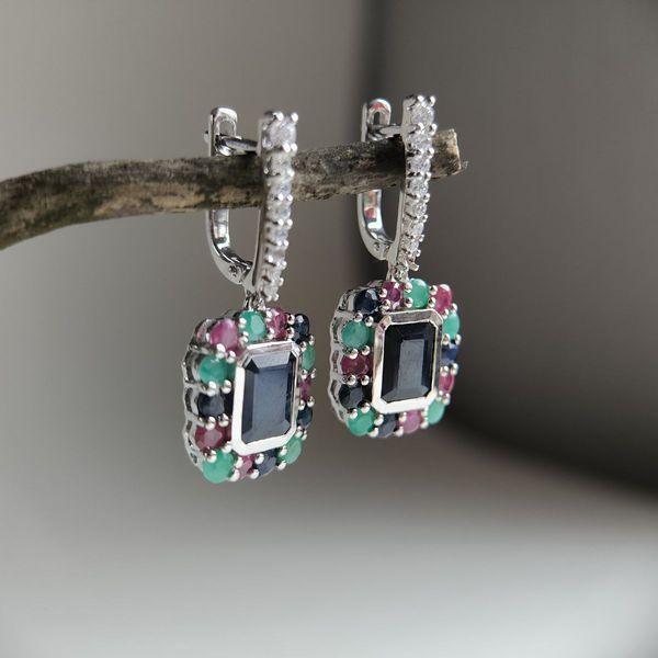 Срібні сережки з натуральним сапфіром 4.05ct, смарагдом, рубіном (2182399) 2182399 фото