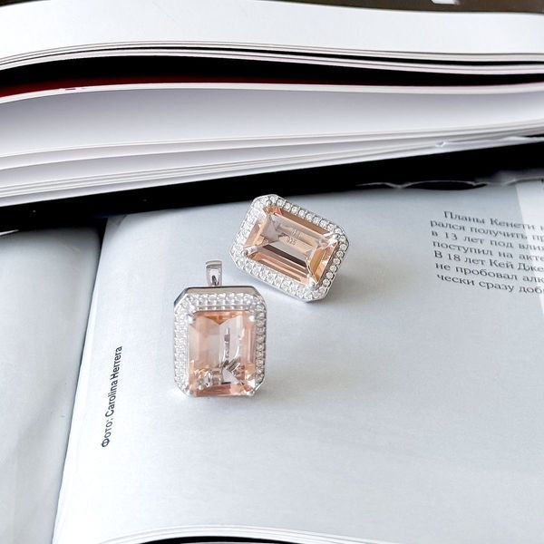 Срібні сережки з морганітом nano 14.193ct, фіанітами (2162490) 2162490 фото