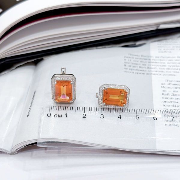 Срібні сережки з Натуральним золотим кварцом 18.54ct, фіанітами (2165897) 2165897 фото